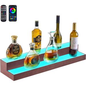 VEVOR LED Lighted Liquor Bottle Display, 2-Tier 16 Inch Whiskey Rack, Supports USB, Illuminated Home Bar Shelf with RF Remote & App Control, 7 Static Colors, Acrylic+ Wood Lighted Shelf for 8 Bottles(3 Step 30 Inches（Wood+Acrylic）)