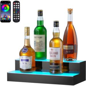 VEVOR LED Lighted Liquor Bottle Display, 3 Tiers 20 Inches Whiskey Rack, Supports USB, Illuminated Home Bar Shelf with RF Remote & App Control, 9 Static Colors, Acrylic Lighted Shelf for 15 Bottles(2 Step 16 Inches)