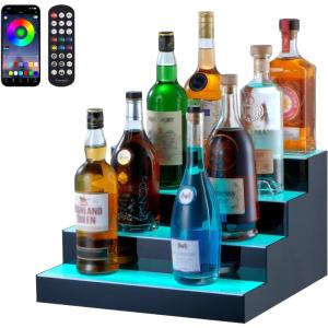 VEVOR LED Lighted Liquor Bottle Display, 3 Tiers 20 Inches Whiskey Rack, Supports USB, Illuminated Home Bar Shelf with RF Remote & App Control, 9 Static Colors, Acrylic Lighted Shelf for 15 Bottles(4 Step 16 Inches)