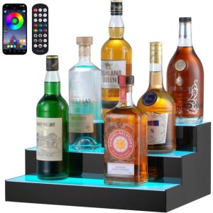 VEVOR LED Lighted Liquor Bottle Display, 3 Tiers 20 Inches Whiskey Rack, Supports USB, Illuminated Home Bar Shelf with RF Remote & App Control, 9 Static Colors, Acrylic Lighted Shelf for 15 Bottles(3 Step 16 Inches)