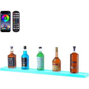 VEVOR LED Lighted Liquor Bottle Display, 3 Tiers 20 Inches Whiskey Rack, Supports USB, Illuminated Home Bar Shelf with RF Remote & App Control, 9 Static Colors, Acrylic Lighted Shelf for 15 Bottles(1 Step 40 Inches)
