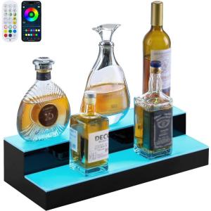 VEVOR LED Lighted Liquor Bottle Display, 3 Tiers 20 Inches Whiskey Rack, Supports USB, Illuminated Home Bar Shelf with RF Remote & App Control, 9 Static Colors, Acrylic Lighted Shelf for 15 Bottles(2 Step 20 Inches)