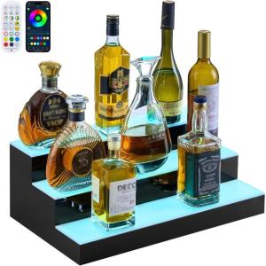 VEVOR LED Lighted Liquor Bottle Display, 3 Tiers 20 Inches Whiskey Rack, Supports USB, Illuminated Home Bar Shelf with RF Remote & App Control, 9 Static Colors, Acrylic Lighted Shelf for 15 Bottles(3 Step 20 Inches)
