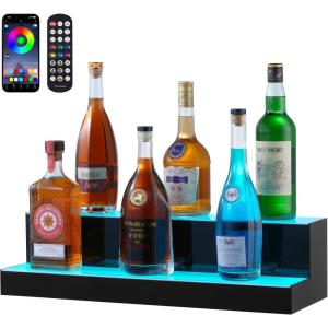 VEVOR LED Lighted Liquor Bottle Display, 3 Tiers 20 Inches Whiskey Rack, Supports USB, Illuminated Home Bar Shelf with RF Remote & App Control, 9 Static Colors, Acrylic Lighted Shelf for 15 Bottles(2 Step 24 Inches)