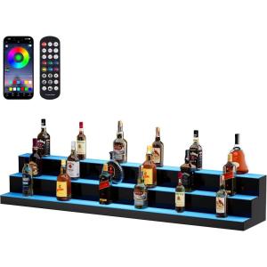 VEVOR LED Lighted Liquor Bottle Display, 3 Tiers 20 Inches Whiskey Rack, Supports USB, Illuminated Home Bar Shelf with RF Remote & App Control, 9 Static Colors, Acrylic Lighted Shelf for 15 Bottles(3 Step 60 Inches)