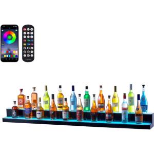 VEVOR LED Lighted Liquor Bottle Display, 3 Tiers 20 Inches Whiskey Rack, Supports USB, Illuminated Home Bar Shelf with RF Remote & App Control, 9 Static Colors, Acrylic Lighted Shelf for 15 Bottles(2 Step 72 Inches)