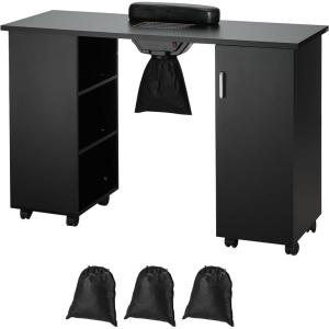 VEVOR Manicure Nail Table, Mobile Nail Station with Powerful Dust Collector, MDF Nail Tech Desk with 8 Lockable Wheels, 3 Dust Bag & Wrist Rest, Nail Art Workstation for Home Spa Beauty Salon(Black)