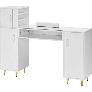 VEVOR Manicure Table, Glass Top Desk Makeup Dressing Station with Storage Cabinets, Acetone-Resistant Nail Tech Table for Spa Beauty Salon Workstation with Wrist Rest, 8 Metal Legs, White