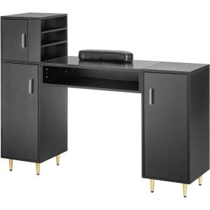 VEVOR Manicure Table, Glass Top Nail Tech Desk, Makeup Dressing Nail Station with Spacious Storage Cabinets, Acetone-Resistant Nail Tech Table with Wrist Rest, 8 Metal Legs for Spa Beauty Salon, Black