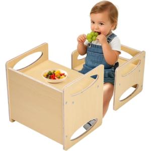VEVOR Montessori Weaning Table and Chair Set, 3 in 1 Wooden Toddler Table and Chairs with Chalkboard, Adjustable Height Montessori Table for Ages 1-5, Ideal for Drawing, Reading, Eating – White(Natural)