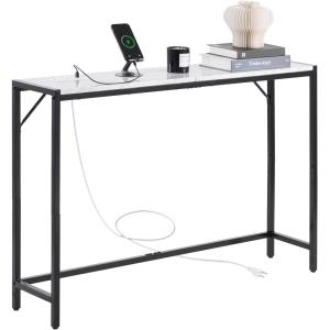 VEVOR Narrow Console Table, 41.7″ Behind Couch Shelf with Power Outlets, 2-Tier Long Entryway Shelf, Sofa Table with Metal Frame and Charge Station, for Entryway, Hallway, Living Room(Marble)