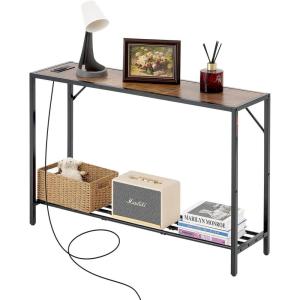 VEVOR Narrow Console Table, 41.7″ Behind Couch Shelf with Power Outlets, 2-Tier Long Entryway Shelf, Sofa Table with Metal Frame and Charge Station, for Entryway, Hallway, Living Room(Brown)