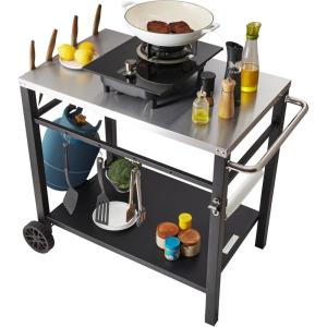 VEVOR Outdoor Grill Dining Cart with Double-Shelf, BBQ Movable Food Prep Table, Multifunctional Stainless Steel Table Top, Portable Modular Carts for Pizza Oven, Worktable with 2 Wheels, Carry Handle(Stainless Steel Table Top)
