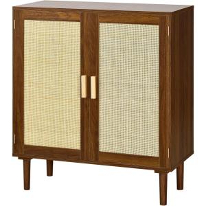 VEVOR Rattan Cabinet, Rattan Buffet Cabinet with 2 Magnetic Doors and Adjustable Shelves, Accent Sideboard Buffet with Wooden Legs & Power Cord Hole for Hallway, Entryway, Kitchen, Black(Brown)