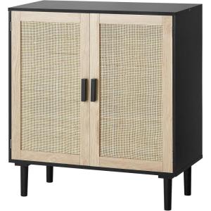 VEVOR Rattan Cabinet, Rattan Buffet Cabinet with 2 Magnetic Doors and Adjustable Shelves, Accent Sideboard Buffet with Wooden Legs & Power Cord Hole for Hallway, Entryway, Kitchen, Black(Black)