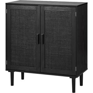 VEVOR Rattan Cabinet, Rattan Buffet Cabinet with 2 Magnetic Doors and Adjustable Shelves, Accent Sideboard Buffet with Wooden Legs & Power Cord Hole for Hallway, Entryway, Kitchen, Black(Pure Black)