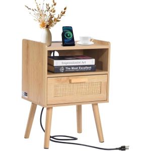 VEVOR Rattan Nightstand, Boho Bedside Table with Drawer Open Shelf, End Table Wooden Nightstand with Solid Wood Legs, Rattan Side Table with Charging Station, for Bedroom(1 Drawer with Open Shelf)