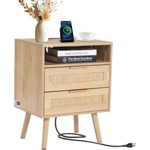 VEVOR Rattan Nightstand, Boho Bedside Table with Drawer Open Shelf, End Table Wooden Nightstand with Solid Wood Legs, Rattan Side Table with Charging Station, for Bedroom(2 Drawers With Open Shelf)