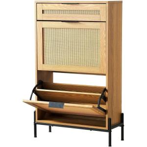 VEVOR Rattan Shoe Cabinet, Narrow Shoe Storage Organizer with 2 Flip Rattan Drawers & 1 Slide Drawer, Metal Legs, Slim Shoe Entryway Cabinet Ideal for Entryway, Closet, Hallway, Black(Light Wood Color)