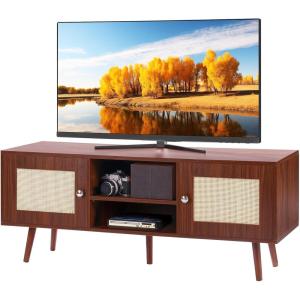 VEVOR Rattan TV Stand, Mid Century Modern TV Stand for 75 inch TV, Boho Rattan TV Cabinet with Build-in Socket and USB Ports, Adjustable Shelfs for Living Room, Media Room, Oak(Walnut)