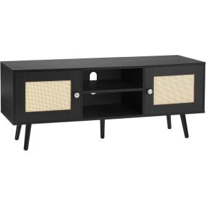 VEVOR Rattan TV Stand, Mid Century Modern TV Stand for 75 inch TV, Boho Rattan TV Cabinet with Build-in Socket and USB Ports, Adjustable Shelfs for Living Room, Media Room, Oak(Black)