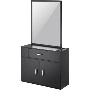 VEVOR Salon Storage Cabinet, Wall Mounted Barber Salon Station for Hair Stylist, Hair Stylist Station Set, with 3 Sleeves, A Mirror, Double-Door Cabinet, and A Drawer, Black