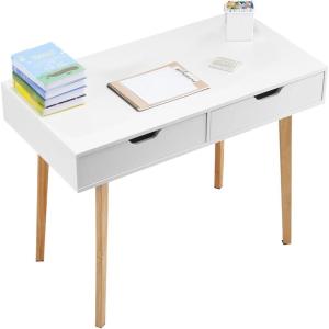VEVOR Small Desk with Drawers, Kids Desk for Bedroom, Wooden Simple Study Table for Drawing, Reading, Writing, Rectangle MDF Furniture Study Storage Table for Home, Office, White + Wood(38.98″D x 20.08″W x 30.12″H)