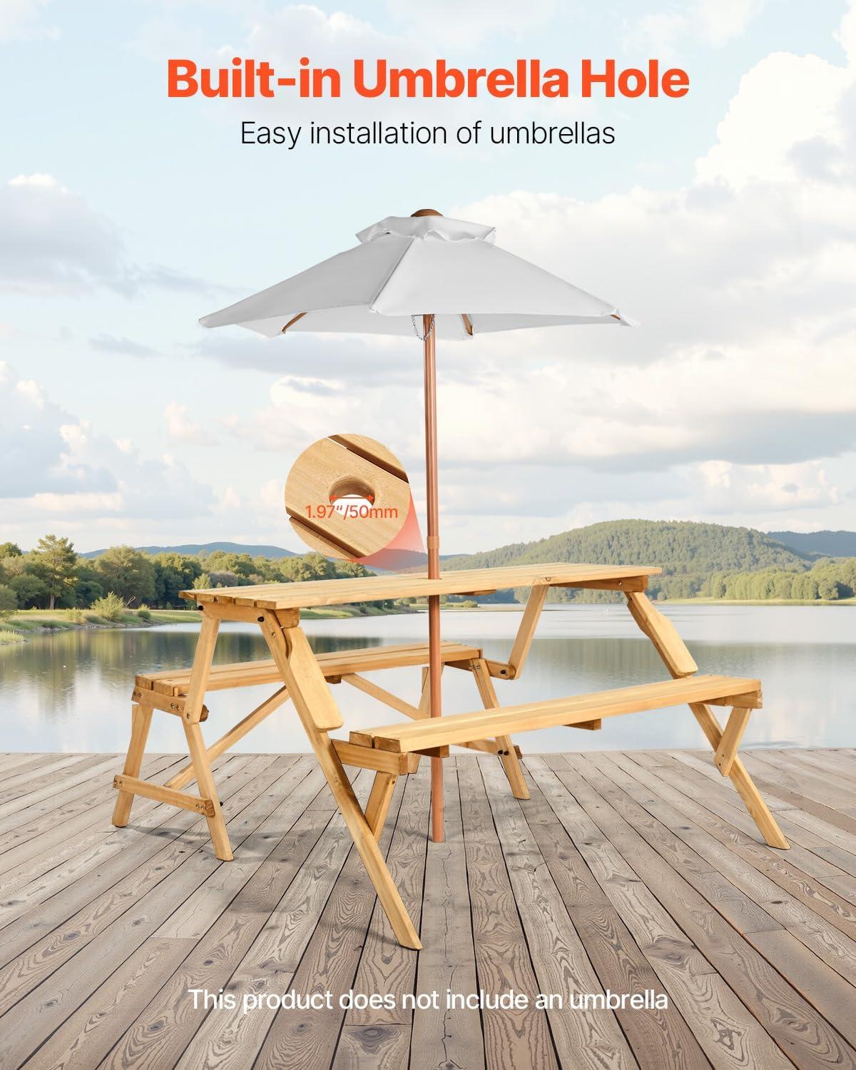 image:imageVEVOR 2in1 Transforming Interchangeable Picnic Table Outdoor Wooden Table and Bench Set Portable Foldable Bench with Umbrella Hole Patio Dining Furniture for Garden Backyard Porch Brown