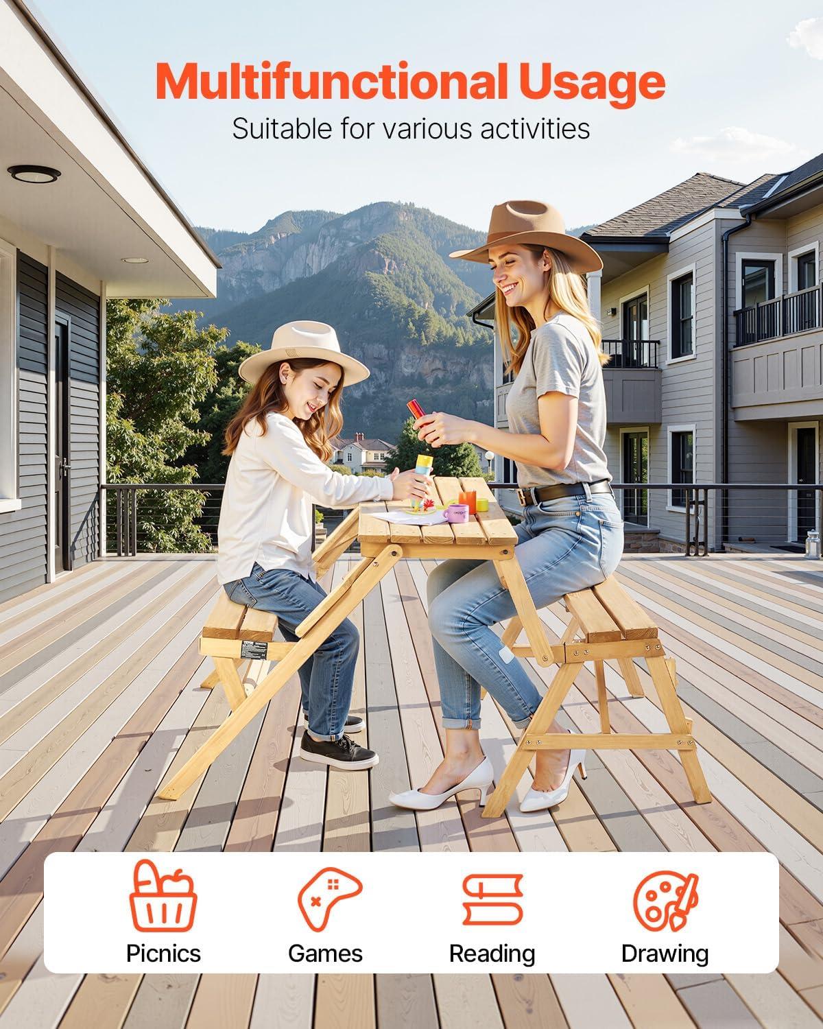 image:imageVEVOR 2in1 Transforming Interchangeable Picnic Table Outdoor Wooden Table and Bench Set Portable Foldable Bench with Umbrella Hole Patio Dining Furniture for Garden Backyard Porch Brown
