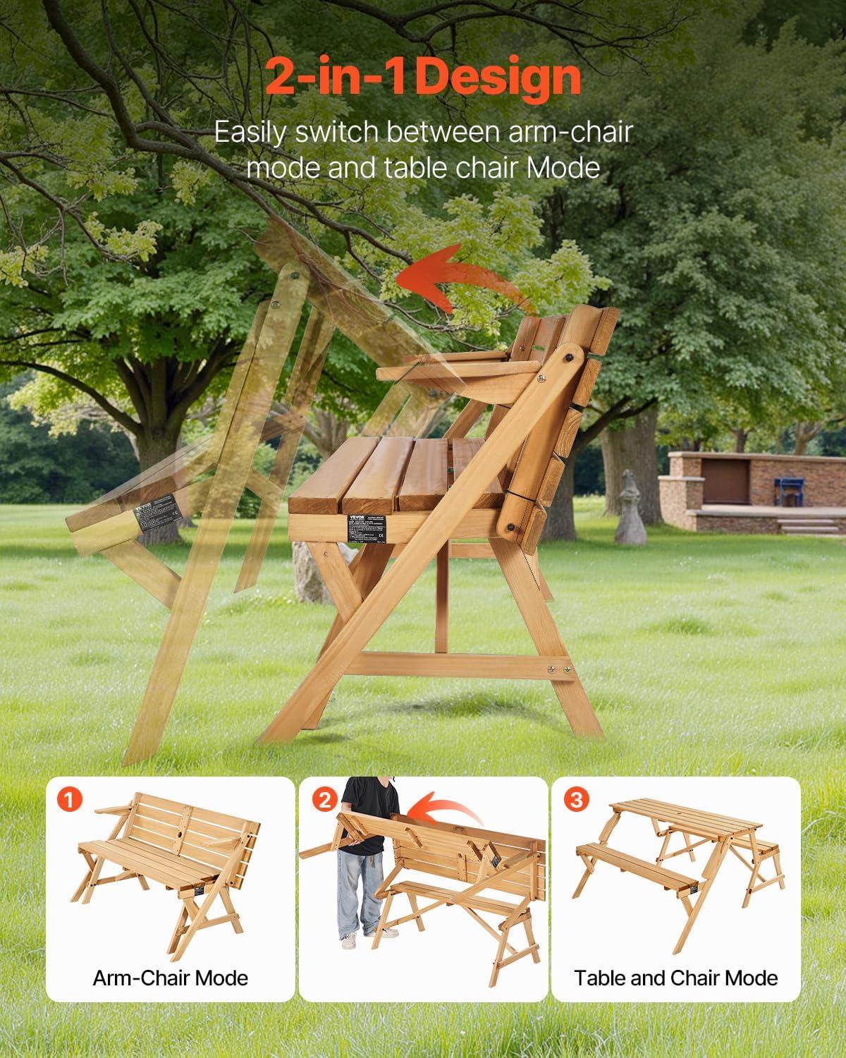 image:imageVEVOR 2in1 Transforming Interchangeable Picnic Table Outdoor Wooden Table and Bench Set Portable Foldable Bench with Umbrella Hole Patio Dining Furniture for Garden Backyard Porch Brown
