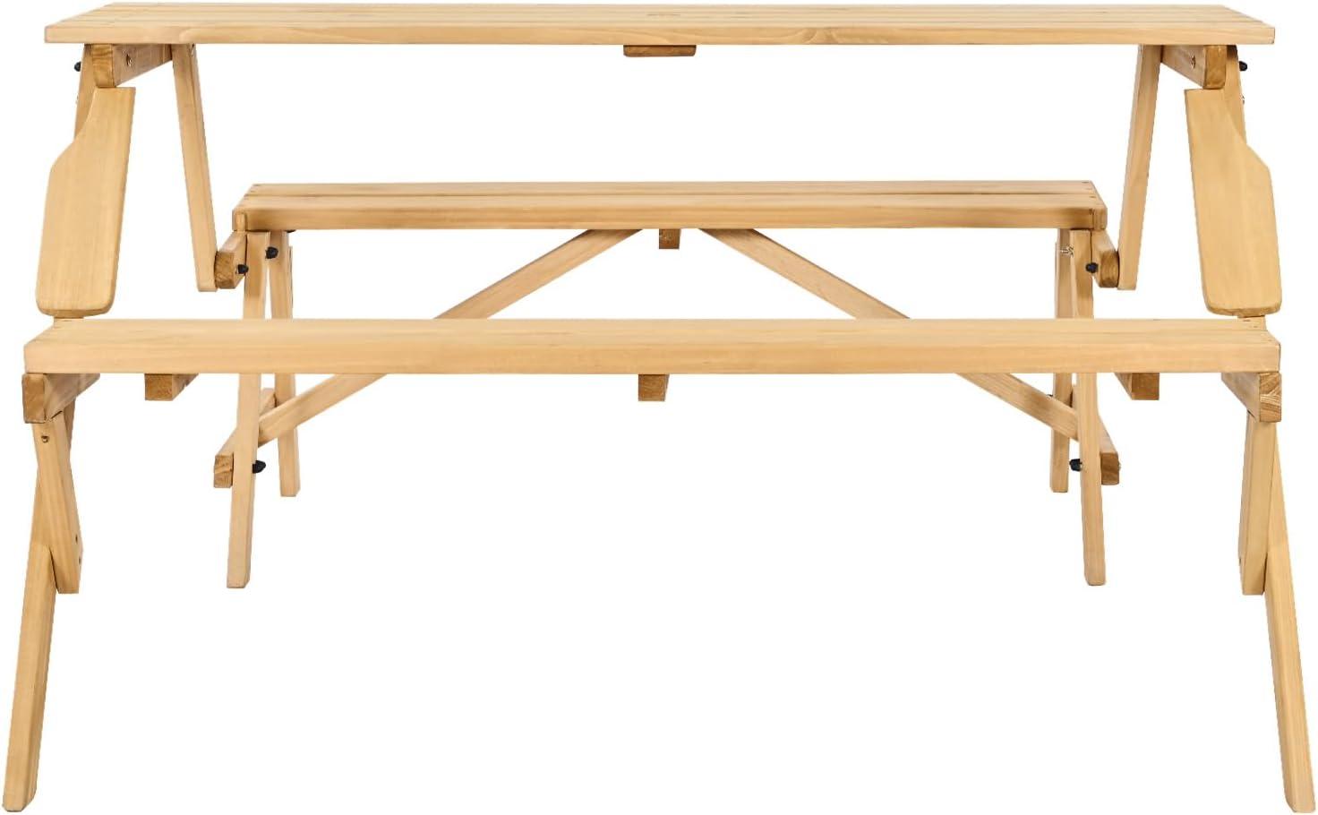 image:imageVEVOR 2in1 Transforming Interchangeable Picnic Table Outdoor Wooden Table and Bench Set Portable Foldable Bench with Umbrella Hole Patio Dining Furniture for Garden Backyard Porch Brown
