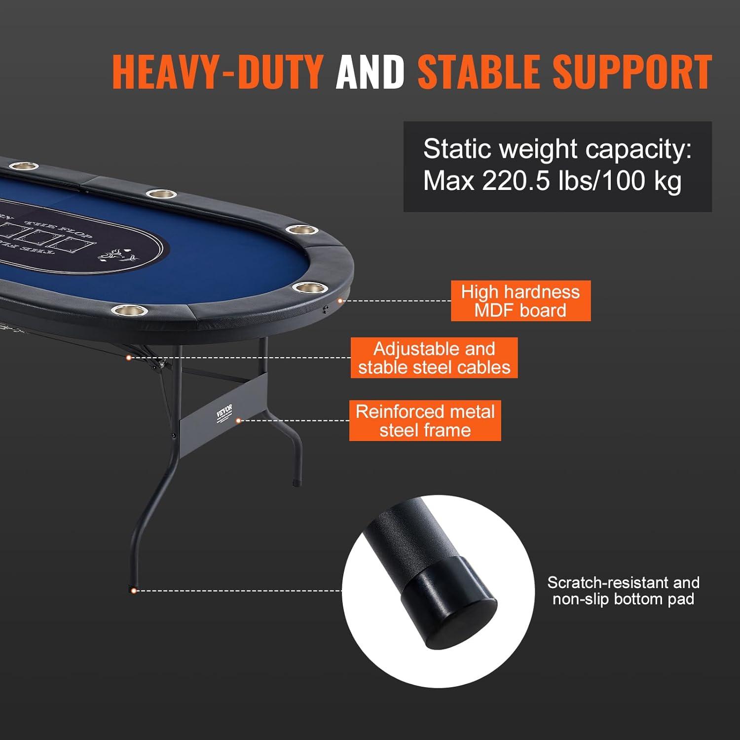 image:imageVEVOR 90 Oval Casino Leisure Table 10 Player Blackjack Texas Holdem Poker Table with Stainless Steel Cup Holders and Padded Rails Portable Folding Card Board Game TableBlue