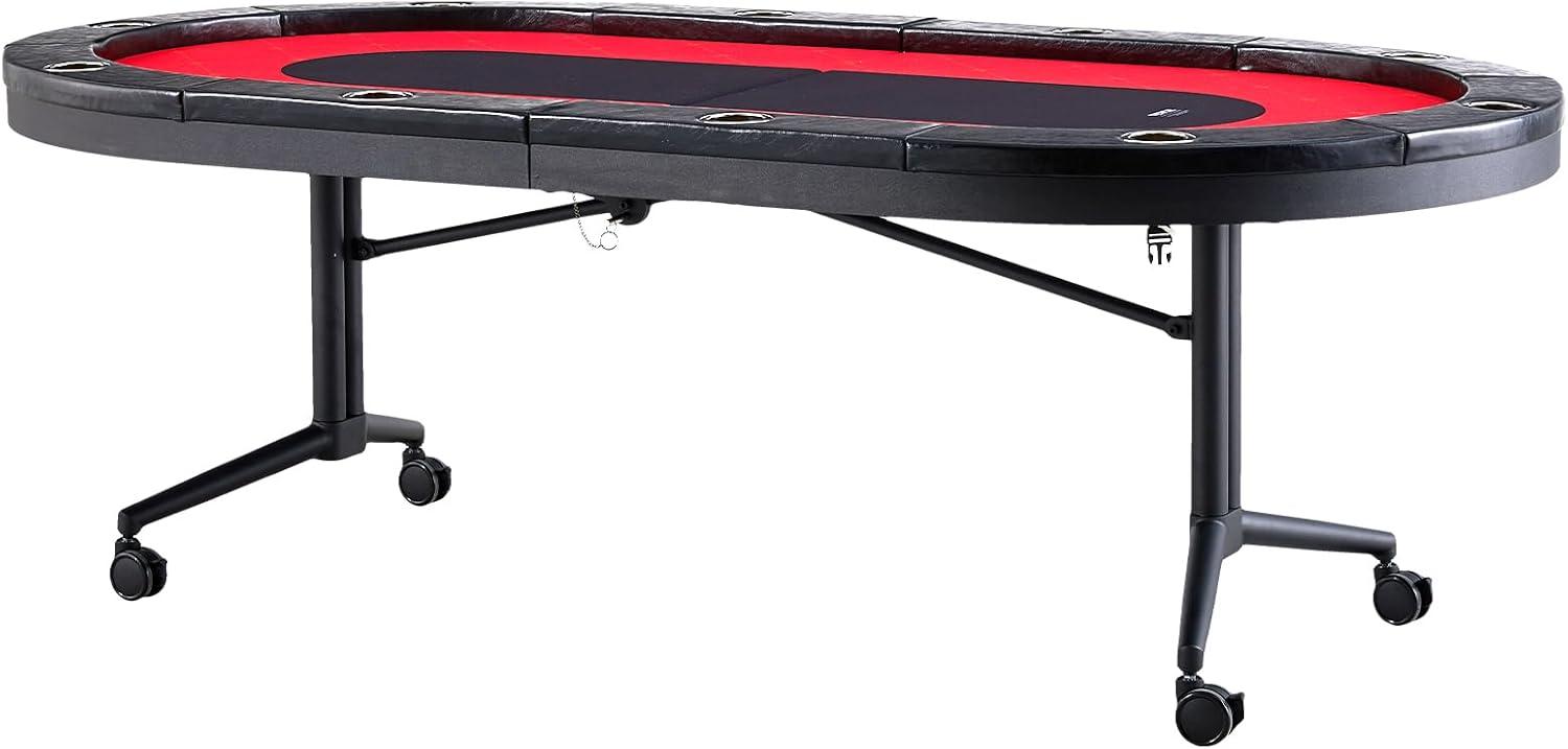 image:imageVEVOR 90 Oval Casino Leisure Table 10 Player Blackjack Texas Holdem Poker Table with Stainless Steel Cup Holders and Padded Rails Portable Folding Card Board Game TableRed