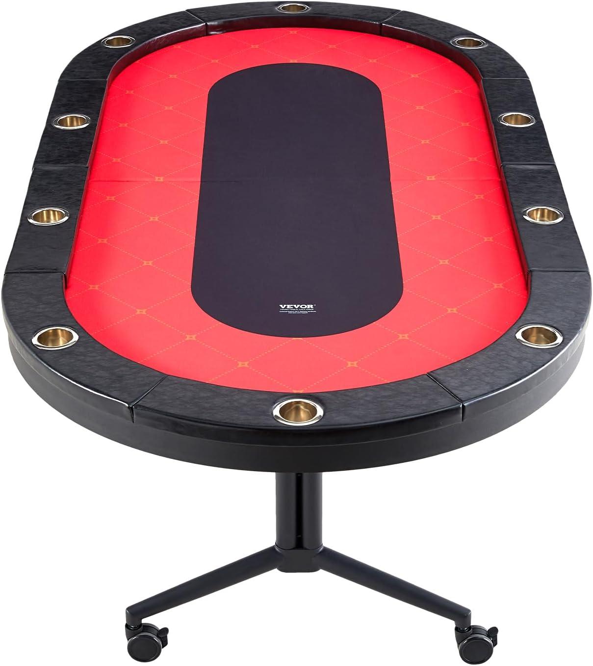 image:imageVEVOR 90 Oval Casino Leisure Table 10 Player Blackjack Texas Holdem Poker Table with Stainless Steel Cup Holders and Padded Rails Portable Folding Card Board Game TableRed