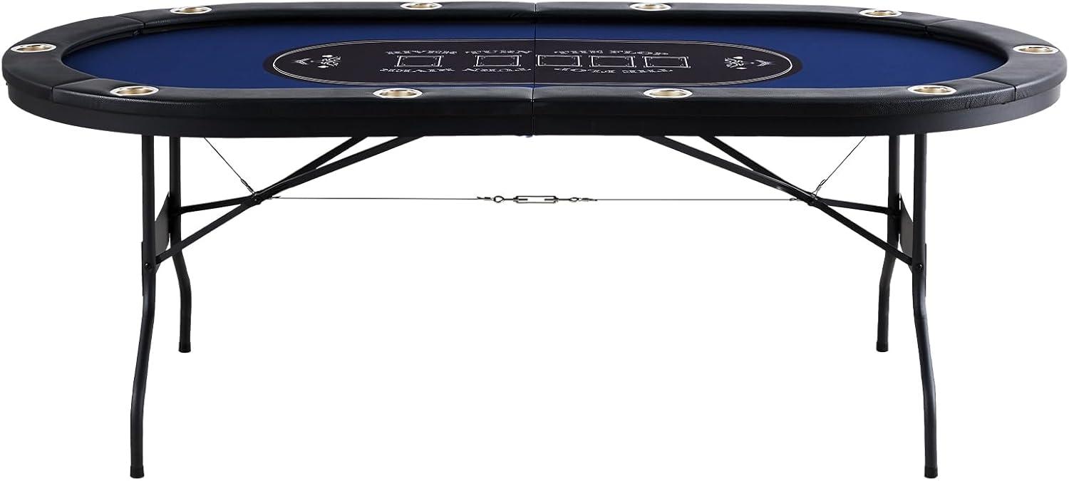 image:imageVEVOR 90 Oval Casino Leisure Table 10 Player Blackjack Texas Holdem Poker Table with Stainless Steel Cup Holders and Padded Rails Portable Folding Card Board Game TableBlue