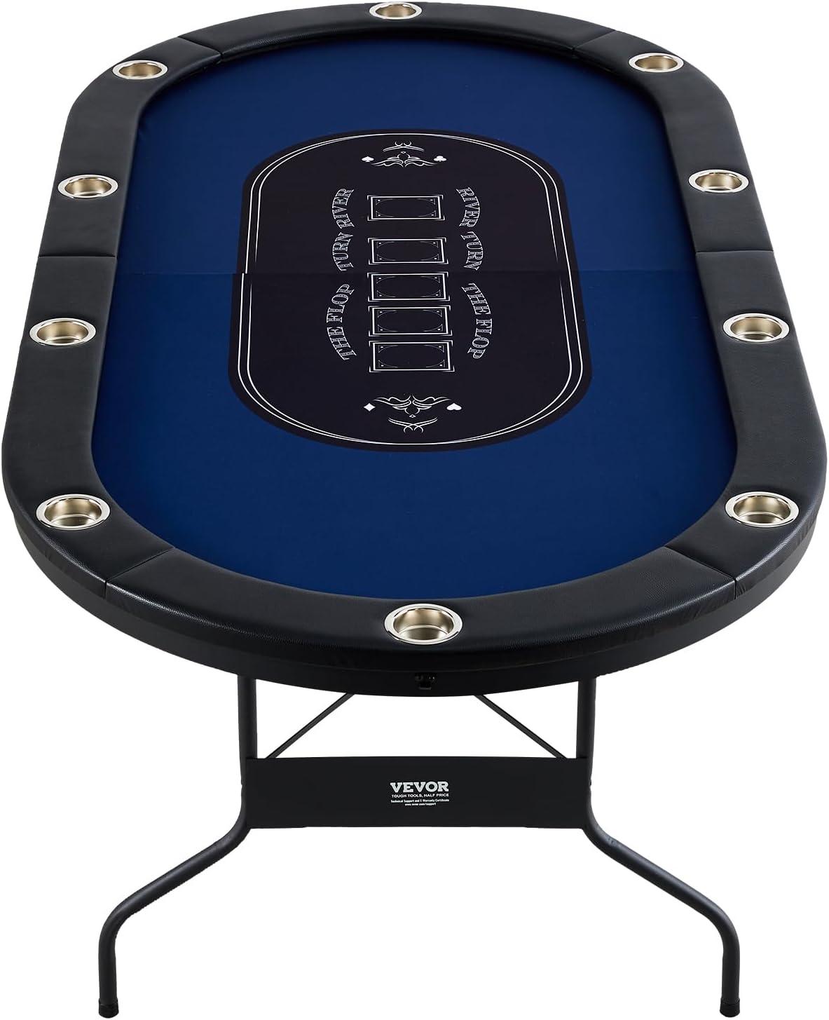 image:imageVEVOR 90 Oval Casino Leisure Table 10 Player Blackjack Texas Holdem Poker Table with Stainless Steel Cup Holders and Padded Rails Portable Folding Card Board Game TableBlue