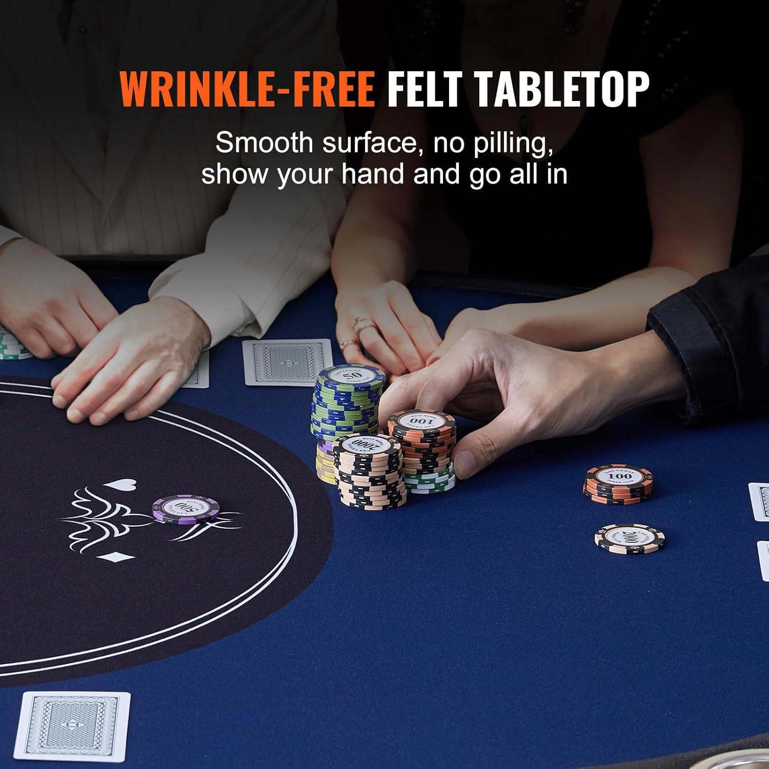 image:imageVEVOR 90 Oval Casino Leisure Table 10 Player Blackjack Texas Holdem Poker Table with Stainless Steel Cup Holders and Padded Rails Portable Folding Card Board Game TableBlue
