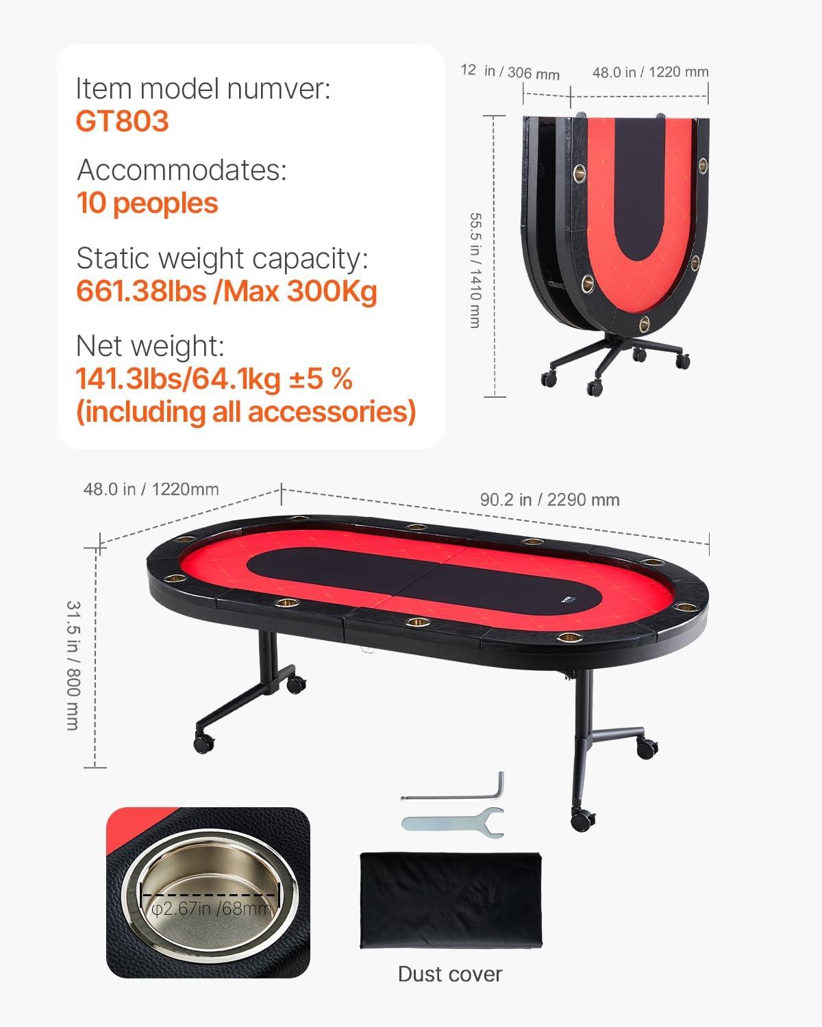 image:imageVEVOR 90 Oval Casino Leisure Table 10 Player Blackjack Texas Holdem Poker Table with Stainless Steel Cup Holders and Padded Rails Portable Folding Card Board Game TableRed