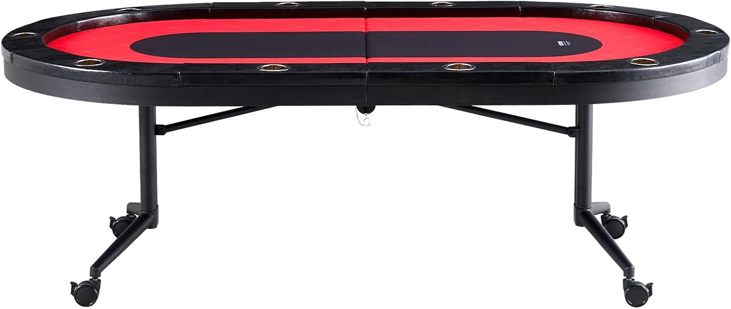 image:imageVEVOR 90 Oval Casino Leisure Table 10 Player Blackjack Texas Holdem Poker Table with Stainless Steel Cup Holders and Padded Rails Portable Folding Card Board Game TableRed