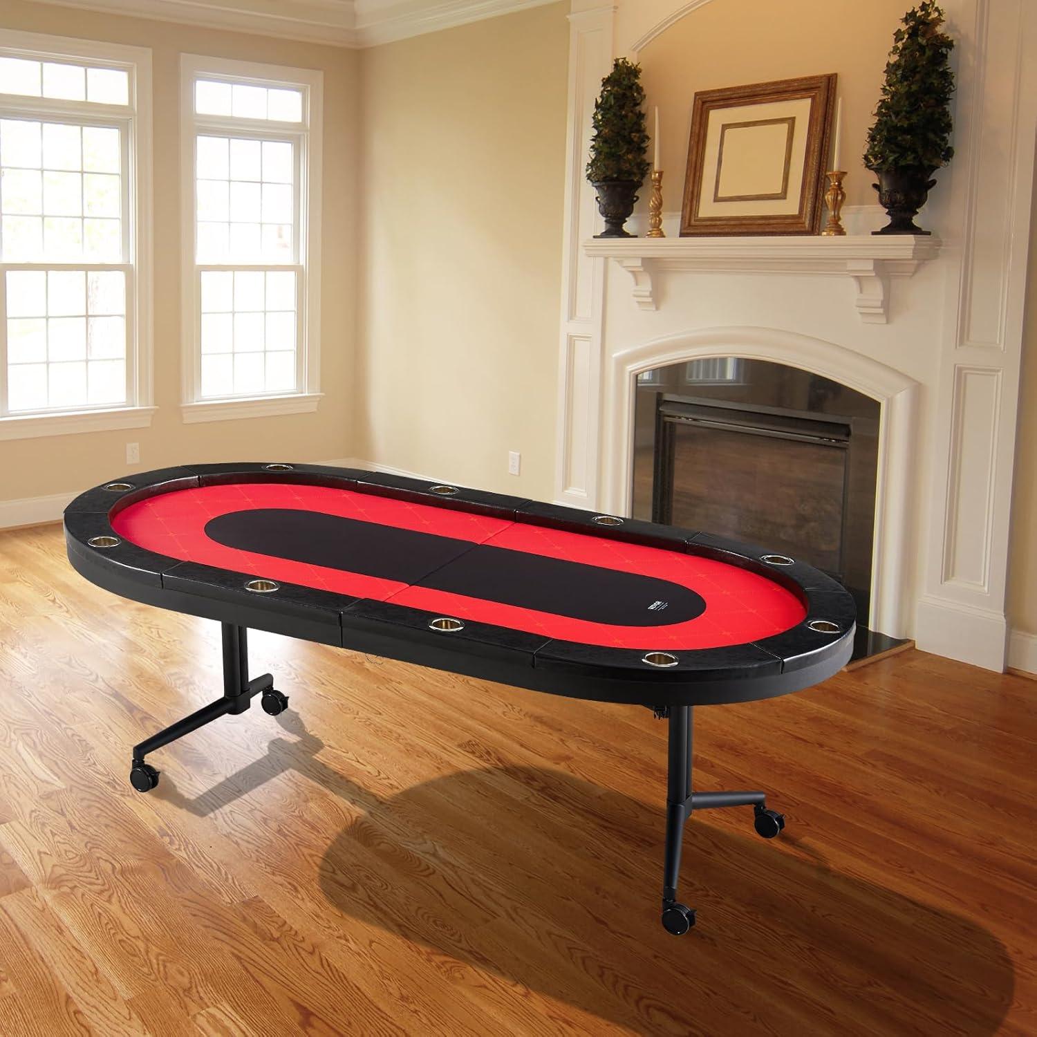 image:imageVEVOR 90 Oval Casino Leisure Table 10 Player Blackjack Texas Holdem Poker Table with Stainless Steel Cup Holders and Padded Rails Portable Folding Card Board Game TableRed