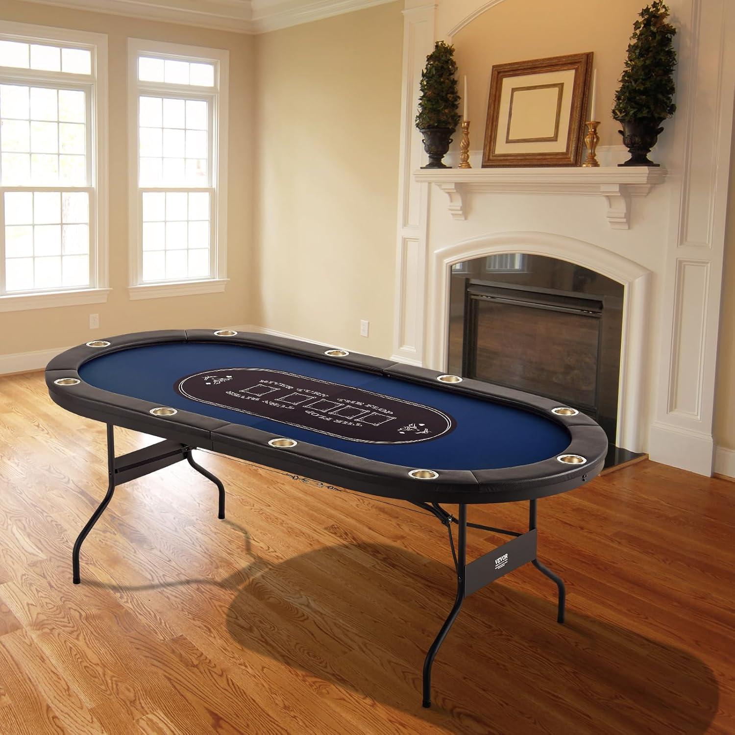 image:imageVEVOR 90 Oval Casino Leisure Table 10 Player Blackjack Texas Holdem Poker Table with Stainless Steel Cup Holders and Padded Rails Portable Folding Card Board Game TableBlue