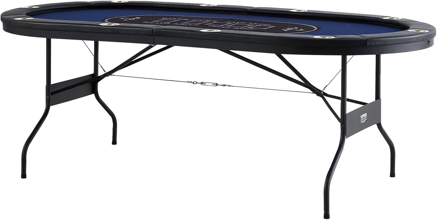image:imageVEVOR 90 Oval Casino Leisure Table 10 Player Blackjack Texas Holdem Poker Table with Stainless Steel Cup Holders and Padded Rails Portable Folding Card Board Game TableBlue