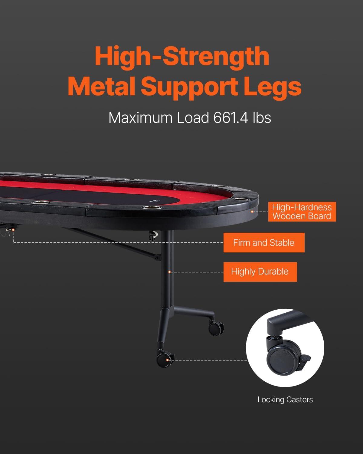 image:imageVEVOR 90 Oval Casino Leisure Table 10 Player Blackjack Texas Holdem Poker Table with Stainless Steel Cup Holders and Padded Rails Portable Folding Card Board Game TableRed
