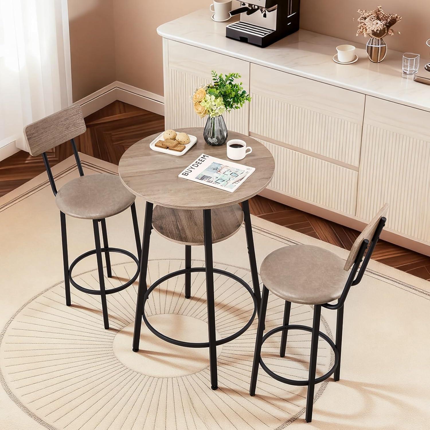 image:imageVEVOR Bar Table and Chairs Set 3PCS 235 Bars Tables Set with Rounded Corner Design Round Pub Table with Two Stools for Office Desk Breakfast Corner Mini Bars Light Gray Black3PCS 235