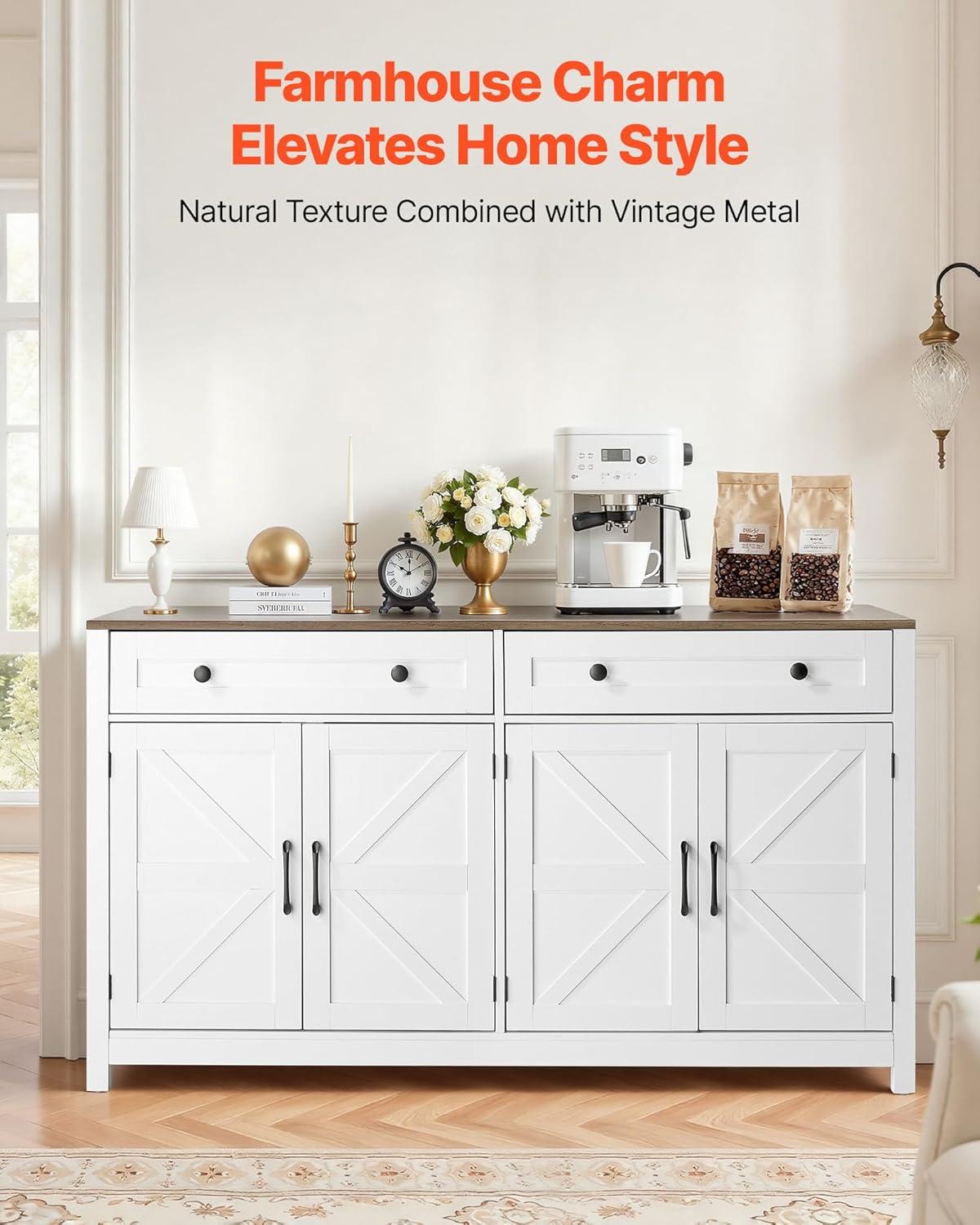 image:imageVEVOR Buffet Cabinet Farmhouse Sideboard Cabinet with Drawer 30 Coffee Bar Cabinet with Adjustable Shelves amp 2 Barn Door Sideboard Buffet Station for Living Room Entryway Kitchen WhiteWhite