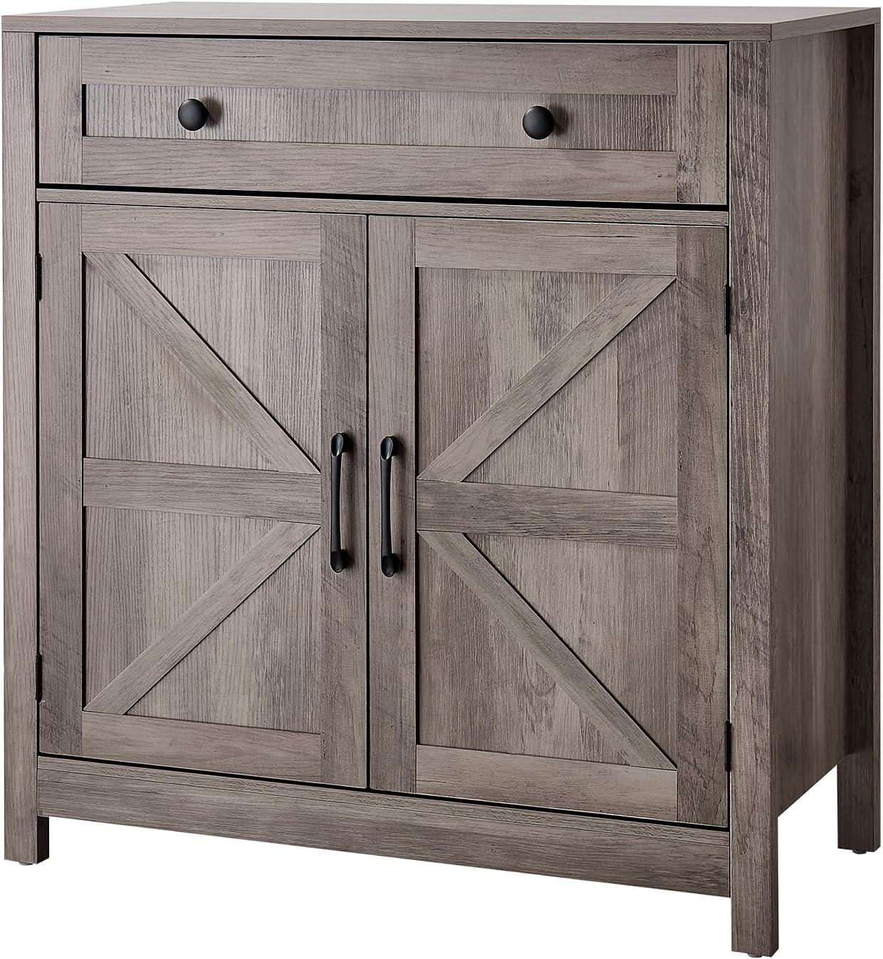 image:imageVEVOR Buffet Cabinet Farmhouse Sideboard Cabinet with Drawer 30 Coffee Bar Cabinet with Adjustable Shelves amp 2 Barn Door Sideboard Buffet Station for Living Room Entryway Kitchen WhiteGrey