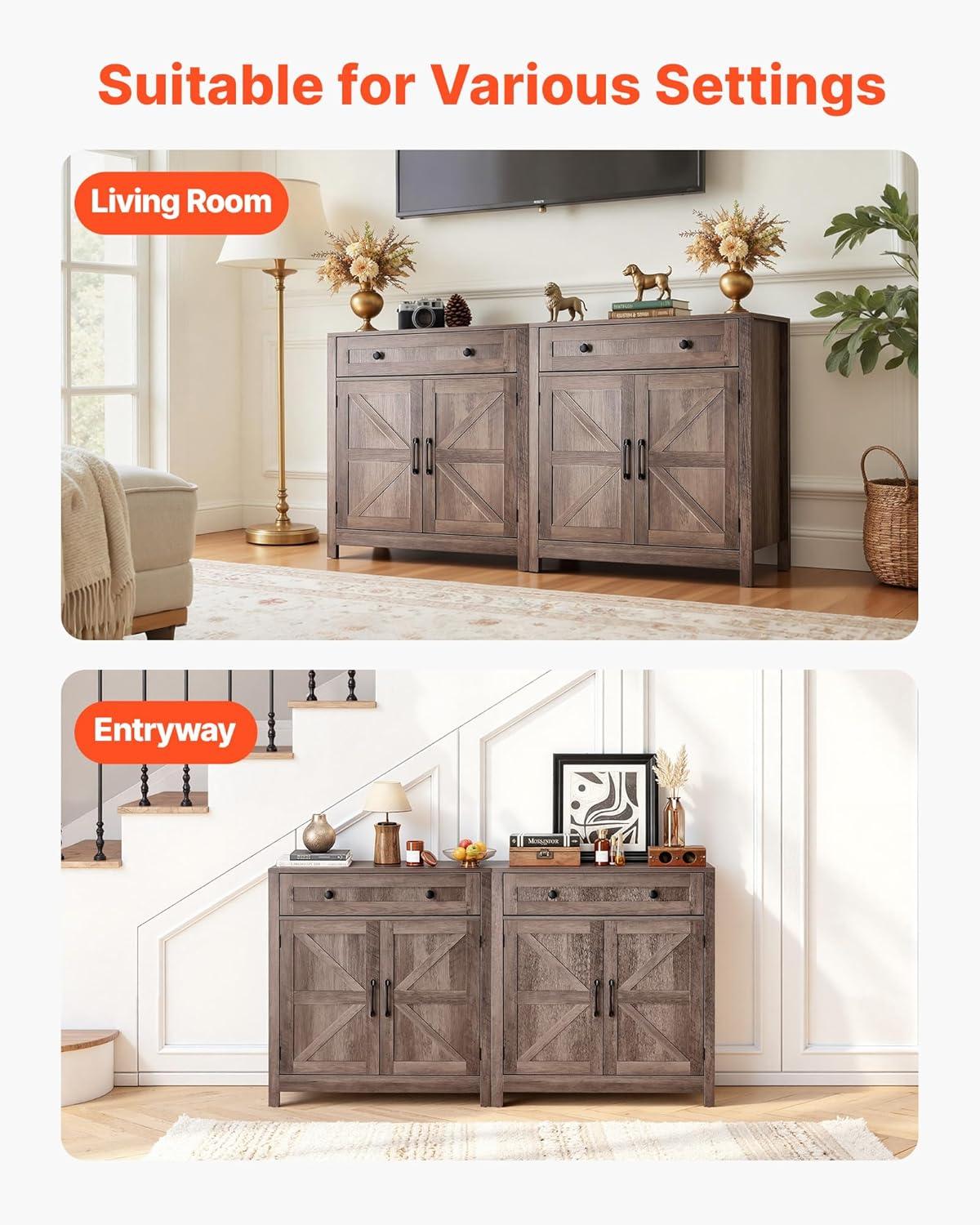 image:imageVEVOR Buffet Cabinet Farmhouse Sideboard Cabinet with Drawer 30 Coffee Bar Cabinet with Adjustable Shelves amp 2 Barn Door Sideboard Buffet Station for Living Room Entryway Kitchen WhiteGrey