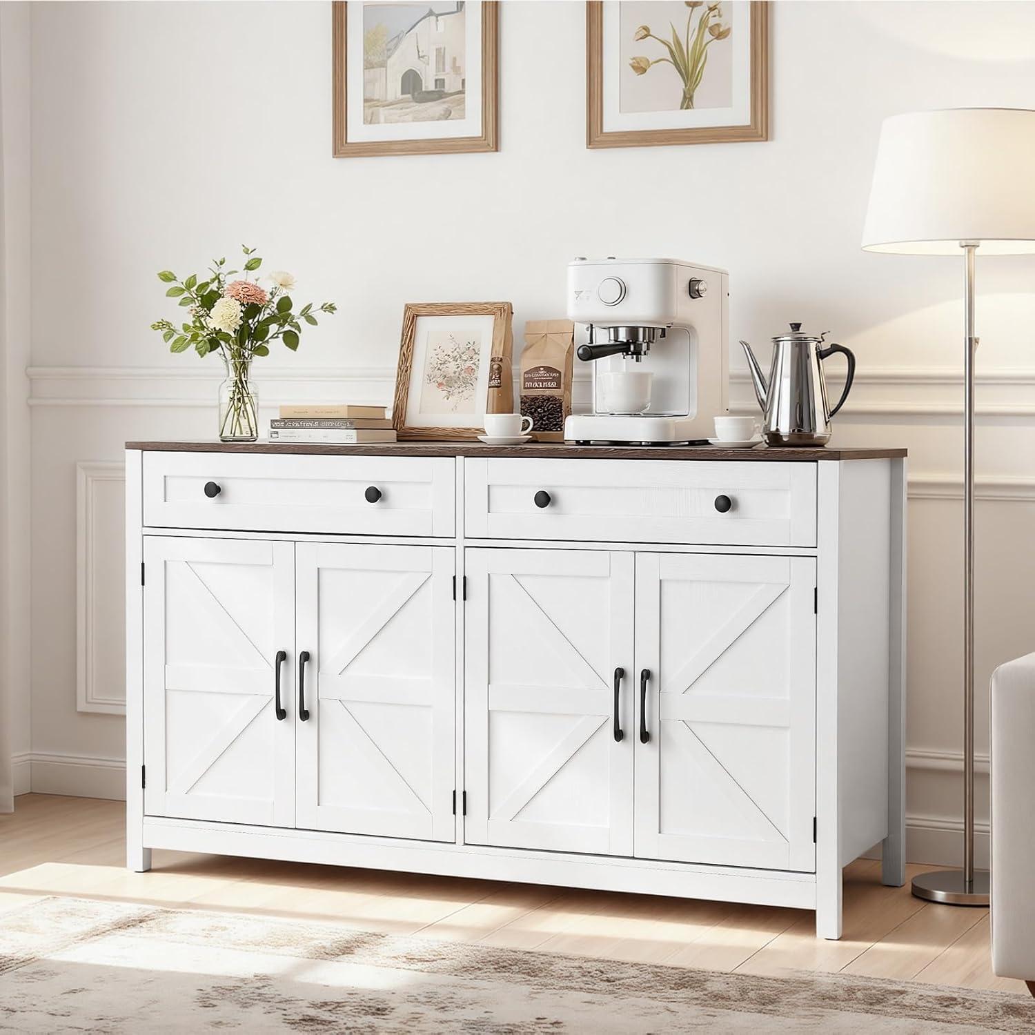 image:imageVEVOR Buffet Cabinet Farmhouse Sideboard Cabinet with Drawer 30 Coffee Bar Cabinet with Adjustable Shelves amp 2 Barn Door Sideboard Buffet Station for Living Room Entryway Kitchen WhiteWhite