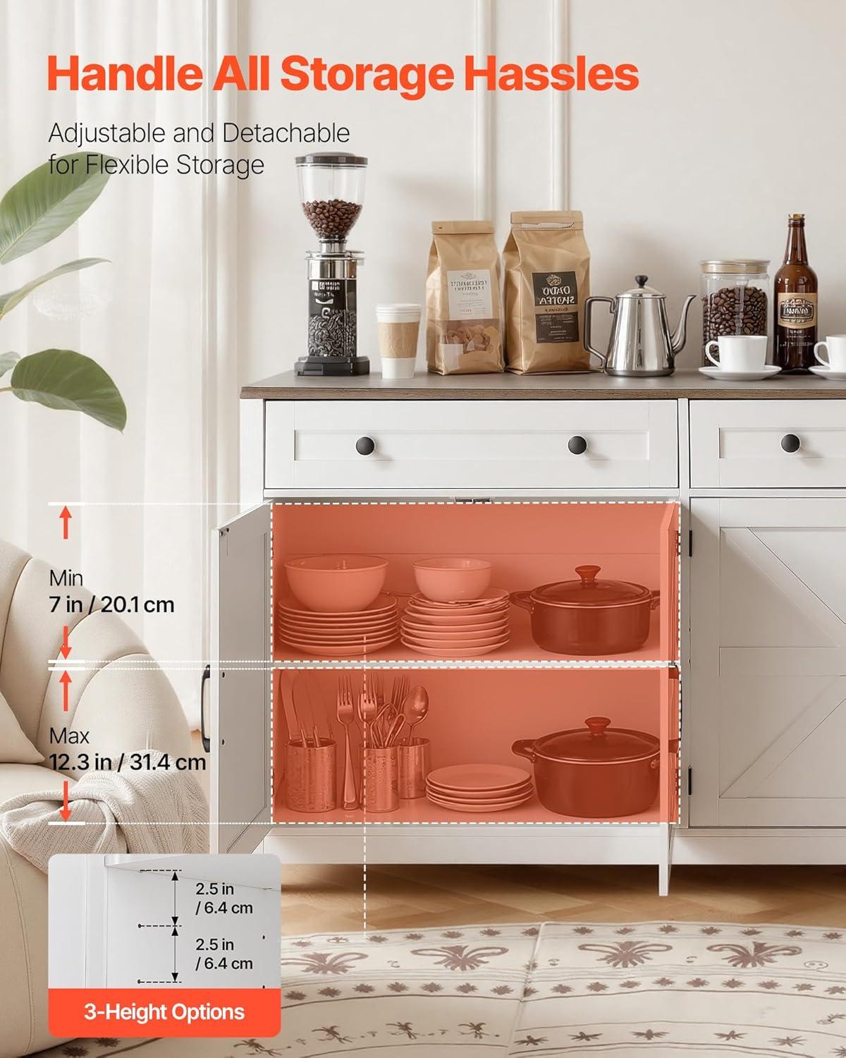 image:imageVEVOR Buffet Cabinet Farmhouse Sideboard Cabinet with Drawer 30 Coffee Bar Cabinet with Adjustable Shelves amp 2 Barn Door Sideboard Buffet Station for Living Room Entryway Kitchen WhiteWhite