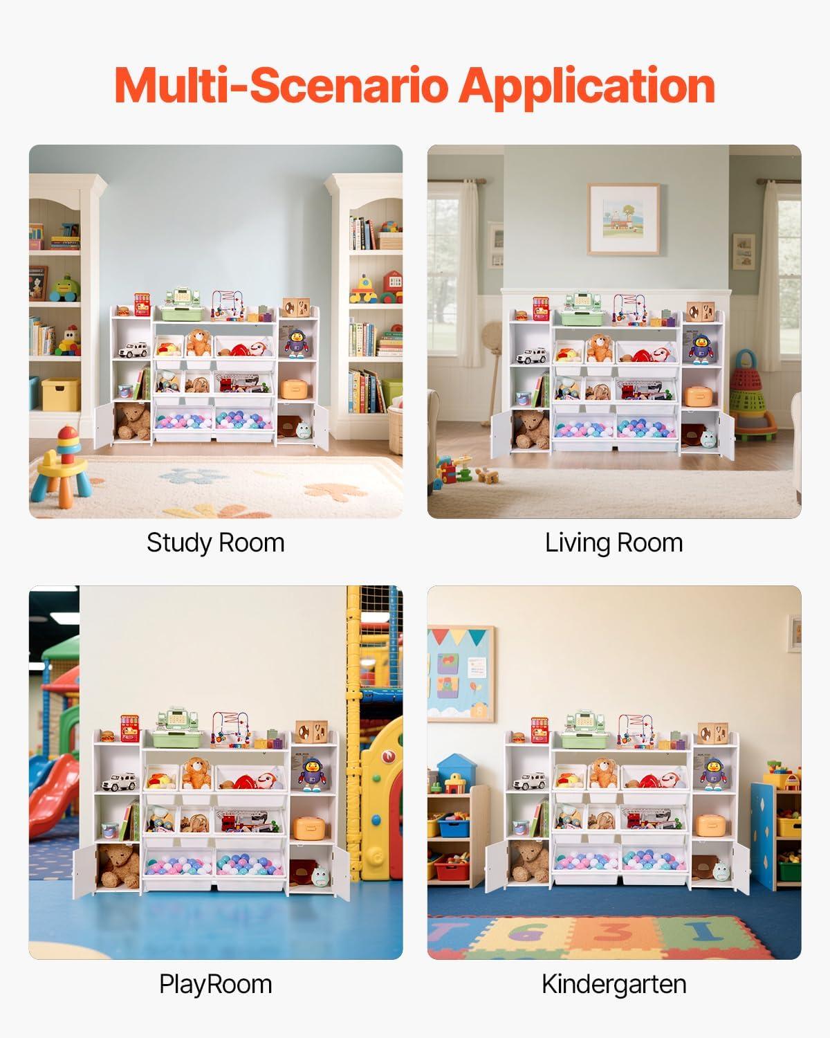 image:imageVEVOR Kids Toy Storage and Bookshelf 4Tier Large Toy Storage Organizer with 8 Flexible Plastic Bins Kids Cubby Cabinet with Bookshelf for Study Room Bedroom Playroom Classroom Nursery White546 Wide